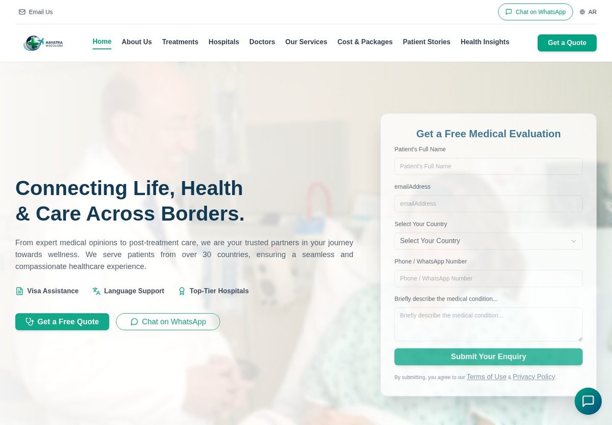 Hayatra Medglobe medical travel website homepage