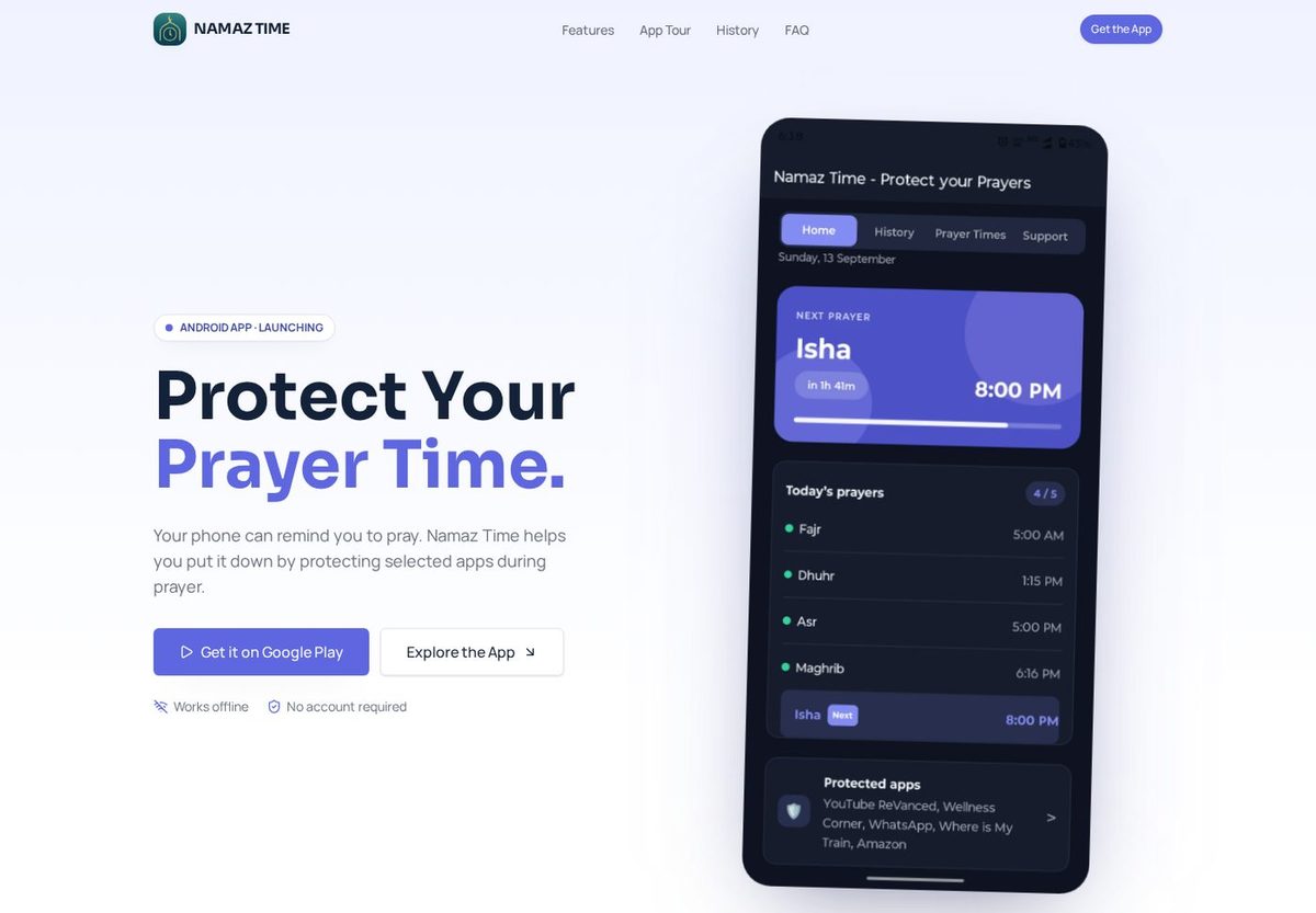 Namaz Time mobile product landing page